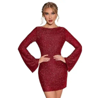 Women's Shiny Sequin Backless Lace-Up Mini Dress Long Sleeve Glitter Bodycon Party Club Dress