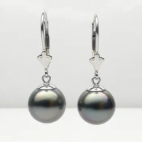 Free Shipping 10-10.5MM Black Real Tahitian Cultured Pearl Drop Earrings Solid 14K White Gold