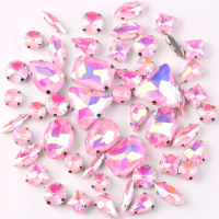 Silver claw setting jelly candy Pink AB 50pcs/bag shapes mix glass crystal sew on rhinestone wedding dress shoes bag diy