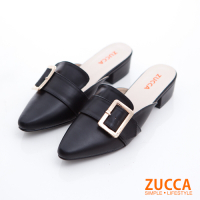 ZUCCA-方扣環尖頭平底拖鞋-黑-z6801bk