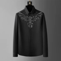 2024 Spring Luxury Eagle Rhinestone Shirts Men Clothing Long Sleeved Casual Business Dress Shirt Social Party Banquet Blouse 5XL