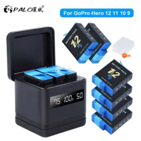PALO High Capacity 2000mAh Battery for GoPro Hero 12 11 10 9 + 3 Slots LCD Portable Battery Storage Charger Box Fast Charging