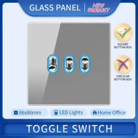 Grey Glass Panel Toggle Wall Light Wall Switch Button EU UK Standard Led Indicator Light Bedroom Usb Switch Socket 1-4Gang