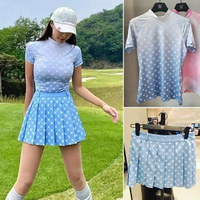 【元素運動】韓國高爾夫服裝女夏季清涼速干短袖T恤golf印花藍百褶裙短裙
