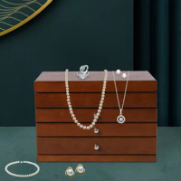 4-Tier Wooden Jewelry Box Organizer MDF Jewelery Storage with 3 Drawers Mirror Velvet Lining for Earrings Necklace Bracelet
