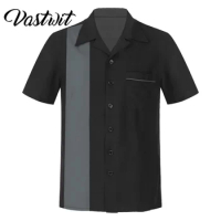 Mens Fashion Casual Shirt Retro Bowling Shirt Stylish Short Sleeves Turn-Down Collar Cuban Style Fifties Camp Shirt with Pocket
