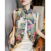 Spring Woman Orient Pattern Floral Printed Vest Sleeveless Chinese Style Elegant Party Coat Women Elegant Vest Tops SY106