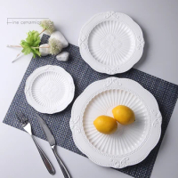 3pcs Set, 6+8+10inch, White Embossed Porcelain Charger Plates for Wedding, Nordic Ceramic Buffet Dinner Plate, Soup Plates Set