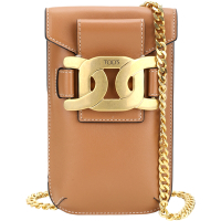 TOD’S Kate 銅金飾釦牛皮鍊帶斜背手機包(棕色)