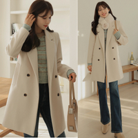 韓國製．保暖顯瘦翻領鈕釦內鋪棉長版大衣外套．白鳥麗子