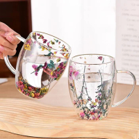 350ml Fillings Dry Flowers Double Wall Glass Cup With Handle Heat Resistant Tea Coffee Cups Espresso Milk Mug Creative Gift