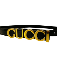 Gucci 金Logo細版腰帶/皮帶(751600-黑)