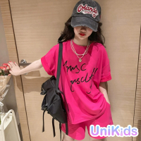 【UniKids】中大童裝2件套裝 字母短袖T恤休閒短褲 女大童裝 VPMDD(玫紅)