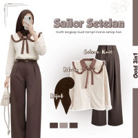 One Set Korean Style | Blouse Sailor + Celana Kulot + Hijab Segi Empat | Outfit Ngopi Outfit Wanita 