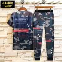 夏季新款迷彩服套裝男士短袖長褲休閑裝運動服薄款潮流兩件套
