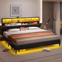 King Size Bed Frame with Storage Headboard &amp; RGB LED Lights Platform Bed Black