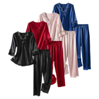 Women's Thin Seven Quarter Sleeved Silk Pajamas With Fleece Sleepwear for Women Womens Pajama Pants Short Length Pajama Mania
