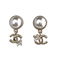 Chanel 復古珠飾鑲嵌小花雙式針式耳環(金)
