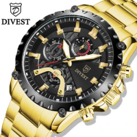 DIVEST Mens Watches Fashion Stainless Steel Business Watch Luxury Luminous Waterproof Chronograph Quartz Watch Relogio Masculino