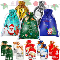 10PCS Christmas Candy Gift Storage Bags with Drawstring DIY Biscuit Candy Gift Packing Bag Christmas New Year Gift Bag