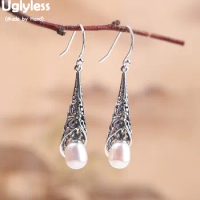Uglyless Thai Silver Ethnic Hollow Patterns Floral Earrings Women Natural Pearls Dangle Earrings Real 925 Silver Brincos E1481