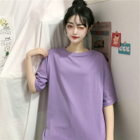 短袖t恤女網紅年新款夏季韓版寬松純色半袖中長款紫色上衣服