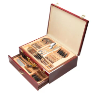 Hot selling 72/84/86 pcs gottinghen gold plated stainless steel cutlery set with wooden case