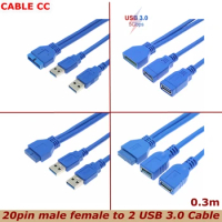 0.3m New Desktop Computer USB 3.0 20Pin to 2 USB Male Female Cable Connector For Asus P7P55/USB3 Gigabyte Msi Onda Motherboard