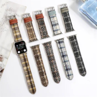Genuine Leather Strap for Apple Watch band 44mm 40mm 49mm 45mm 41mm Plaid Bracelet iwatch Series 4 5 6 7 8 SE Ultra accessories