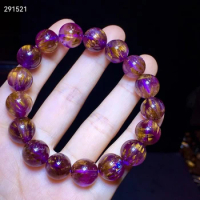 Natural Cacoxenite Auralite 23 Red Purple Gold Rutilated Quartz Round Beads Bracelet 12.5mm Bangle Women Men AAAAA
