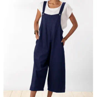 Women Cotton Linen Loose Casual Long Straight Bib Pants Jumpsuits