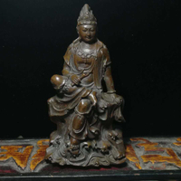 純銅老黃銅自在觀音菩薩佛像居家佛堂風水擺件用品迷你小佛收藏