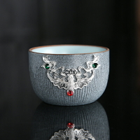 粗陶主人杯鑲銀大理石品茗杯單只家用小茶杯茶盞耐熱加厚陶瓷杯子