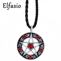 Mens Womens Red CZs Pentacle Pentagram Star Pewter Pendant Necklace Jewelry LP207R