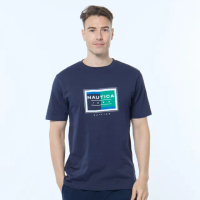 【NAUTICA】男裝 品牌LOGO拼接印花短袖T恤(深藍)