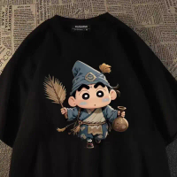 Musim panas baru Xiaoxin pria lengan pendek T-shirt leher bulat pola longgar serbaguna kasual