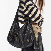 Vintage Leather Shoulder Bag, Distressed Biker Bag with Wide Strap, Large Capacity Tote Bag for Women