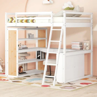 Full Size Loft Bed with Ladder, Shelves, and Desk, Maximized space, Solid Construction, Health and Comfort, WhiteFull Size Loft
