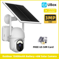 UBox APP 4G Solar Surveillance Camera with Free US Sim Card 3MP Outdoor Security PTZ PIR Spotlight 10400mAh Battery CCTV Camera