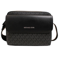 【Michael Kors】MK COOPER立體LOGO拼接皮革拉鍊斜背包/MK男包/男相機包(滿版黑)