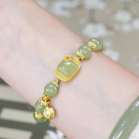 Fresh lotus square natural Hetian jade bangles beaded bracelet for women light luxury high-end sense wedding jewelry
