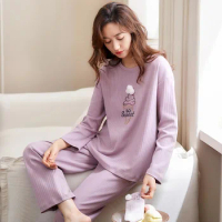 Full Pure Cotton Sleep Lounge Pajamas Long Sleeve Tops + Long Pants Woman Pajama Set Print Pyjamas Big Yards Sleepwear For Women
