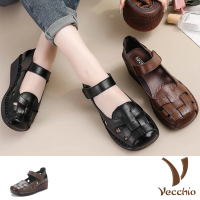 【Vecchio】真皮涼鞋 坡跟涼鞋/真皮復古邊織小方頭一字帶坡跟涼鞋(2色任選)