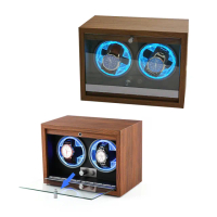 【ARZ】胡桃木紋質感 雙錶位 機械錶自動上鍊盒(LED燈 掀蓋 玻璃收藏盒 搖錶器 手錶盒)