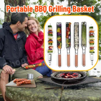 Round BBQ Basket Stainless Steel Rolling Grilling Basket Wire Mesh Cylinder Grill Basket Portable Outdoor Camping Barbecue Rack