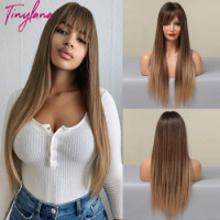 TINY LANA Synthetic Long Straight Wigs with Bangs Brown Blonde Wigs For Women Natural Heat Resistant