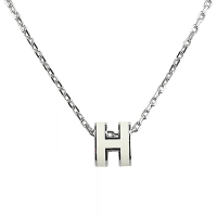 HERMES Mini Pop精工金屬H吊墜LOGO簍空橢圓形設計鉤扣項鍊(白x銀)