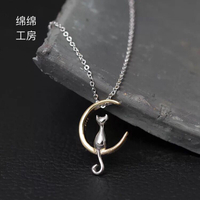月亮貓咪項鏈鎖骨鏈女款韓版簡約925純銀可愛甜美首飾銀飾品