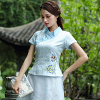 夏裝中國風女裝中式唐裝刺繡上衣修身漢服女改良茶服禪意文藝茶服1入
