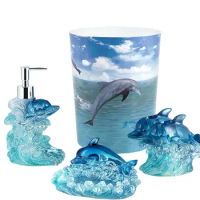 Jump for Joy Dolphin 4-Piece Bathroom Accessory Set-Resin Lotion Dispenser, Toothbrush Holder, Soap 